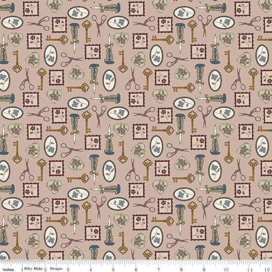 Image of Charmed & Treasured Charmed Doe by Kassidy Grace for Riley Blake Designs. Features keys on a brown background. Cute Little Fabric Shop.