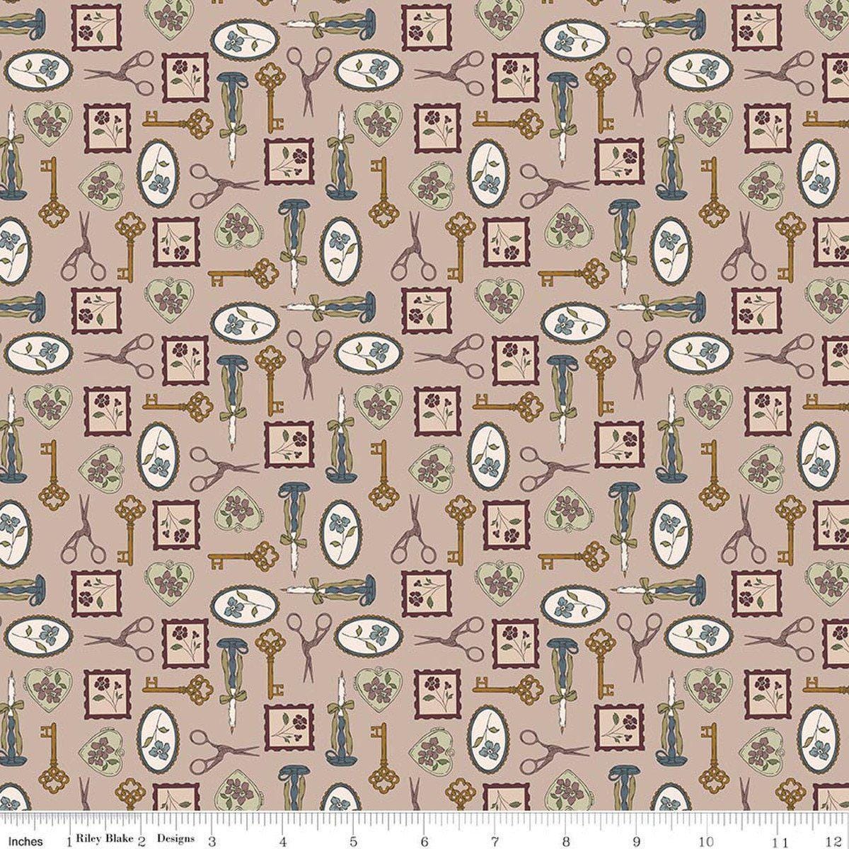 Image of Charmed & Treasured Charmed Doe by Kassidy Grace for Riley Blake Designs. Features keys on a brown background. Cute Little Fabric Shop.