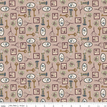 Image of Charmed & Treasured Charmed Doe by Kassidy Grace for Riley Blake Designs. Features keys on a brown background. Cute Little Fabric Shop.
