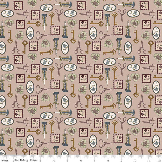 Image of Charmed & Treasured Charmed Doe by Kassidy Grace for Riley Blake Designs. Features keys on a brown background. Cute Little Fabric Shop.