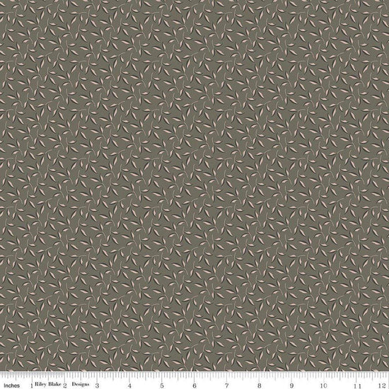 Image of Charmed & Treasured Evergreen Gray by Kassidy Grace for Riley Blake Designs. Features leaves on a gray background. Cute Little Fabric Shop.