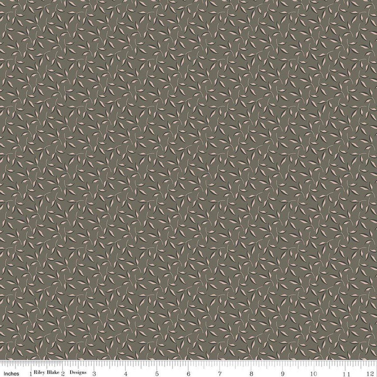 Image of Charmed & Treasured Evergreen Gray by Kassidy Grace for Riley Blake Designs. Features leaves on a gray background. Cute Little Fabric Shop.