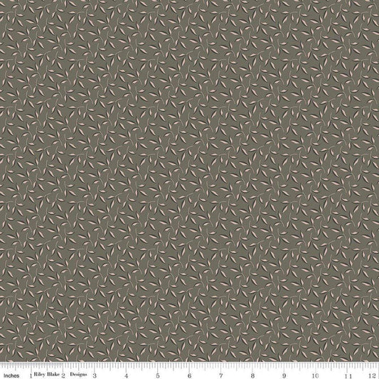 Image of Charmed & Treasured Evergreen Gray by Kassidy Grace for Riley Blake Designs. Features leaves on a gray background. Cute Little Fabric Shop.