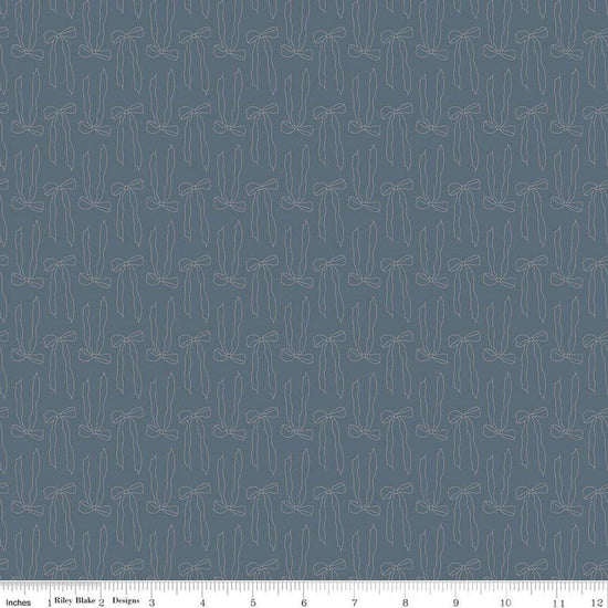 Image of Charmed & Treasured Bows Thunder by Kassidy Grace for Riley Blake Designs. Features bows on a blue background. Cute Little Fabric Shop.