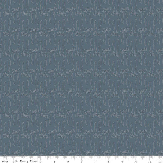 Image of Charmed & Treasured Bows Thunder by Kassidy Grace for Riley Blake Designs. Features bows on a blue background. Cute Little Fabric Shop.