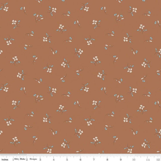 Image of Charmed & Treasured Iris Clay by Kassidy Grace for Riley Blake Designs. Features flowers on a brown background. Cute Little Fabric Shop.