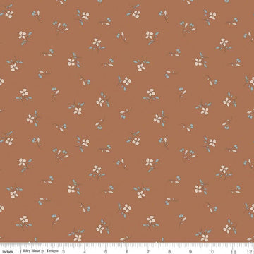 Image of Charmed & Treasured Iris Clay by Kassidy Grace for Riley Blake Designs. Features flowers on a brown background. Cute Little Fabric Shop.