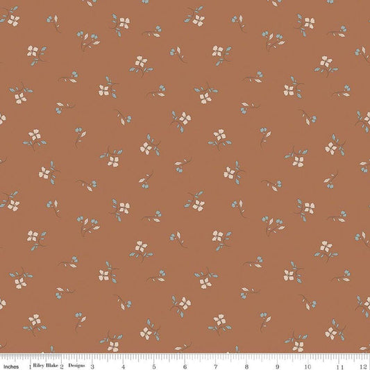 Image of Charmed & Treasured Iris Clay by Kassidy Grace for Riley Blake Designs. Features flowers on a brown background. Cute Little Fabric Shop.