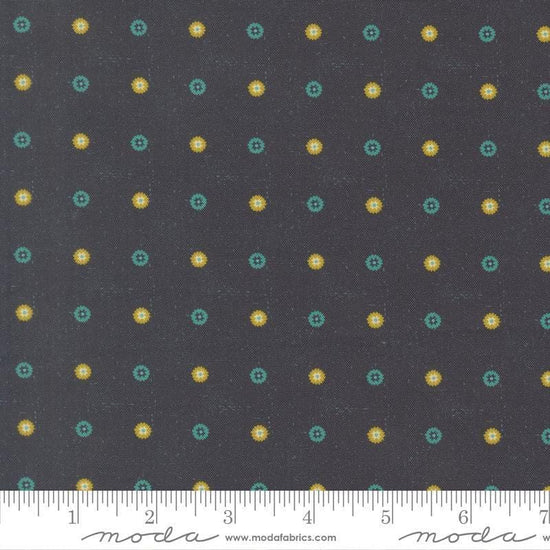 Image of Sitara Floret Midnight quilting cotton fabric by Crystal Manning for Moda Fabrics. Features polka dots on a blue background. Cute Little Fabric Shop.