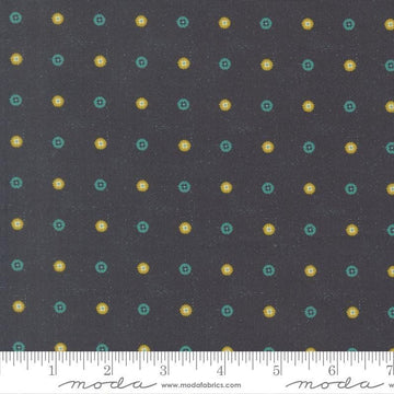 Image of Sitara Floret Midnight quilting cotton fabric by Crystal Manning for Moda Fabrics. Features polka dots on a blue background. Cute Little Fabric Shop.