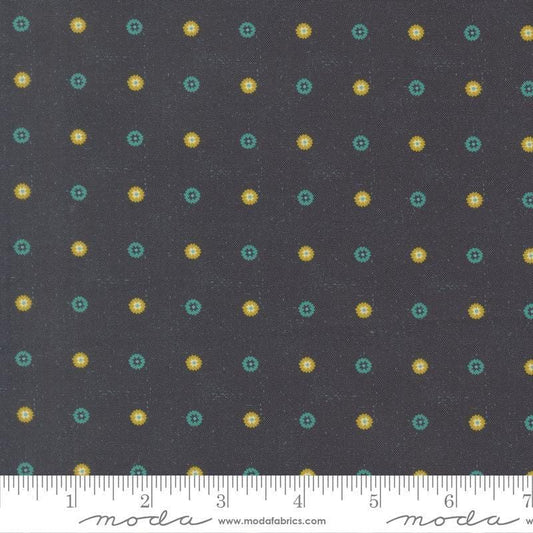 Image of Sitara Floret Midnight quilting cotton fabric by Crystal Manning for Moda Fabrics. Features polka dots on a blue background. Cute Little Fabric Shop.