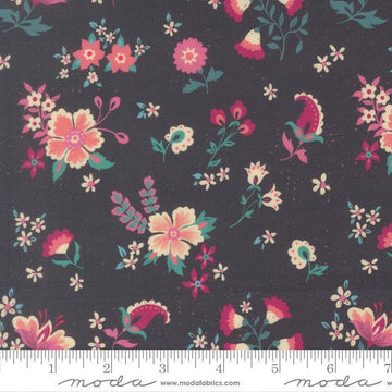 Image of Sitara Davina Midnight quilting cotton fabric by Crystal Manning for Moda Fabrics. Features flowers on a blue background. Cute Little Fabric Shop.