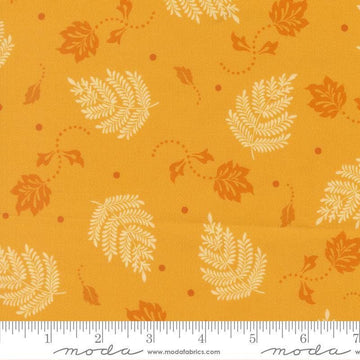 Image of Sitara Paisley Leaf Dijon quilting cotton fabric by Crystal Manning for Moda Fabrics. Features leaves on a yellow background. Cute Little Fabric Shop.