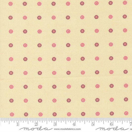 Image of Sitara Floret Cream quilting cotton fabric by Crystal Manning for Moda Fabrics. Features polka dots on a cream background. Cute Little Fabric Shop.