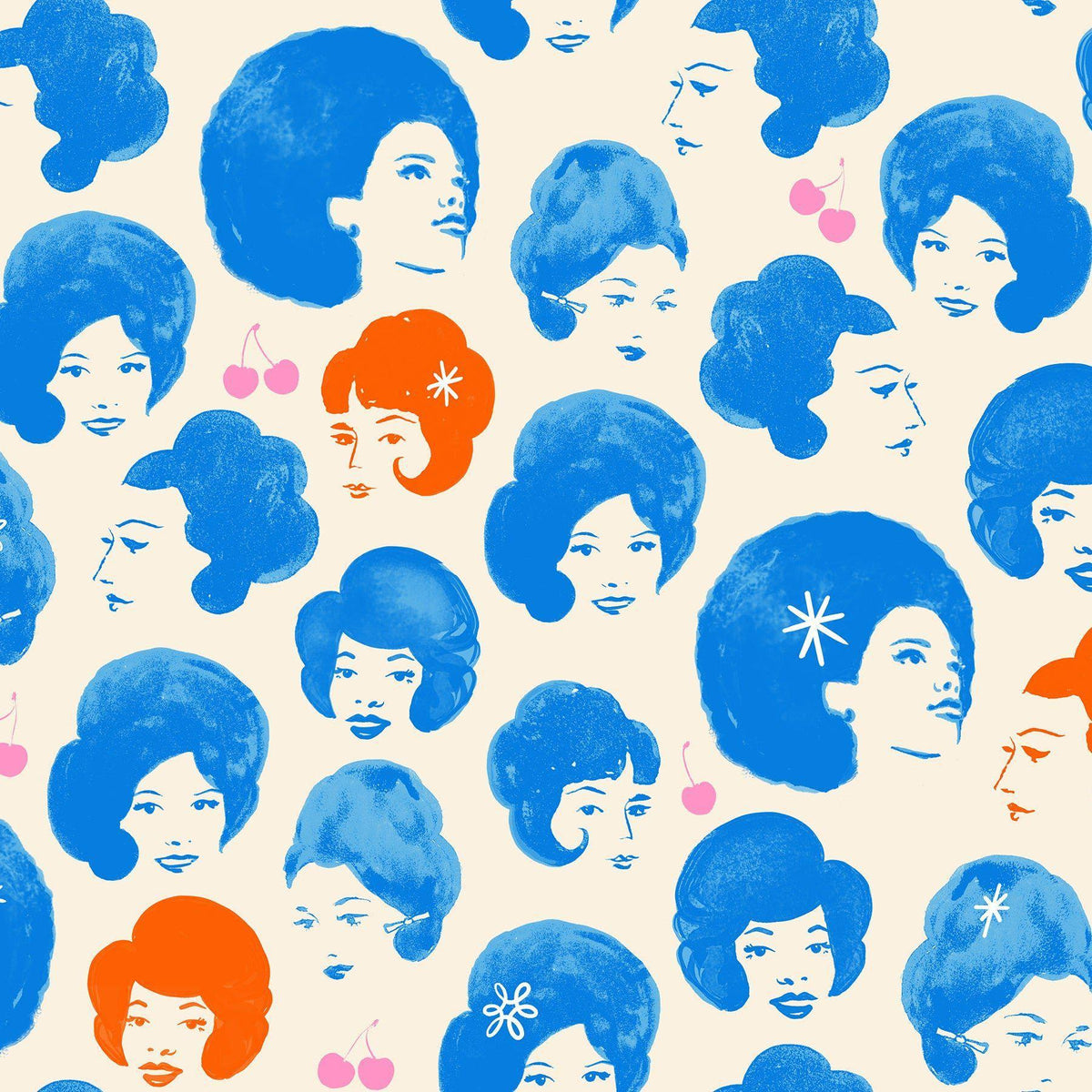 Image of Sparkle Mart Dotties Friends Blue Light Special quilting cotton fabric by Melody Miller of Ruby Star Society for Moda Fabrics. Features women on a cream background. Cute Little Fabric Shop.
