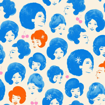 Image of Sparkle Mart Dotties Friends Blue Light Special quilting cotton fabric by Melody Miller of Ruby Star Society for Moda Fabrics. Features women on a cream background. Cute Little Fabric Shop.