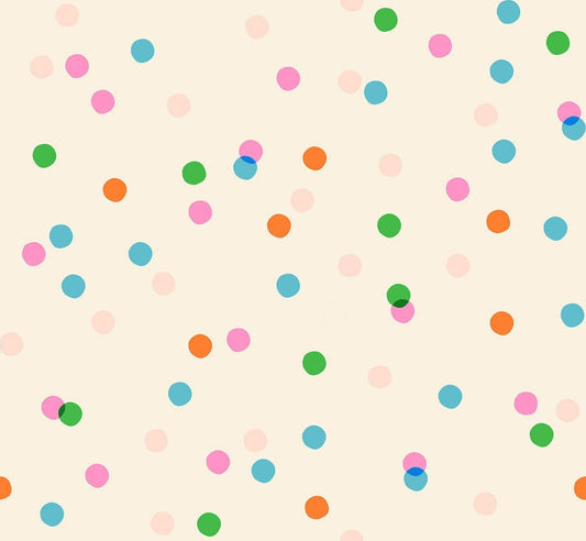 Image of Sparkle Mart Spritz Natural quilting cotton fabric by Melody Miller of Ruby Star Society for Moda Fabrics. Features polka dots on a cream background. Cute Little Fabric Shop.