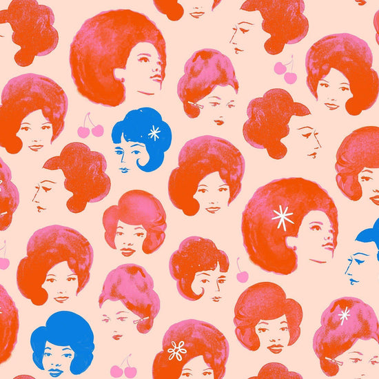 Image of Sparkle Mart Dotties Friends Peach Blossom quilting cotton fabric by Melody Miller of Ruby Star Society for Moda Fabrics. Features women on a cream background. Cute Little Fabric Shop.