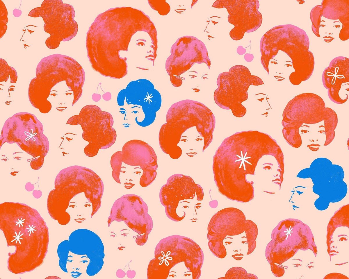 Image of Sparkle Mart Dotties Friends Peach Blossom quilting cotton fabric by Melody Miller of Ruby Star Society for Moda Fabrics. Features women on a cream background. Cute Little Fabric Shop.