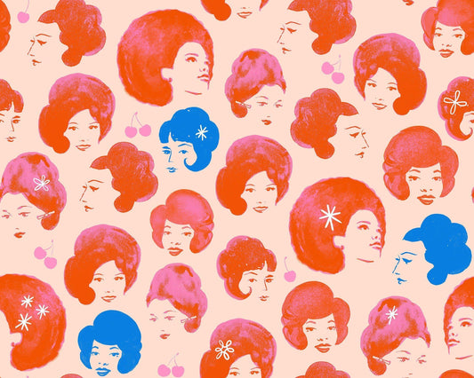 Image of Sparkle Mart Dotties Friends Peach Blossom quilting cotton fabric by Melody Miller of Ruby Star Society for Moda Fabrics. Features women on a cream background. Cute Little Fabric Shop.