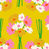 Image of Sparkle Mart Flower Department Golden Hour quilting cotton fabric by Melody Miller of Ruby Star Society for Moda Fabrics. Features flowers on a yellow background. Cute Little Fabric Shop.