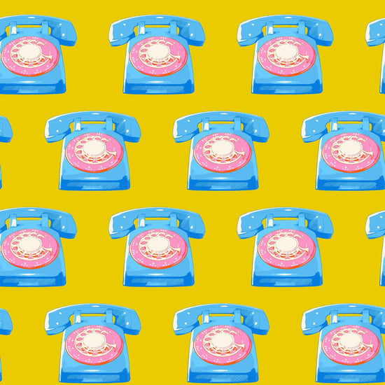 Image of Sparkle Mart Telephones Golden Hour quilting cotton fabric by Melody Miller of Ruby Star Society for Moda Fabrics. Features retro phones on a yellow background. Cute Little Fabric Shop.
