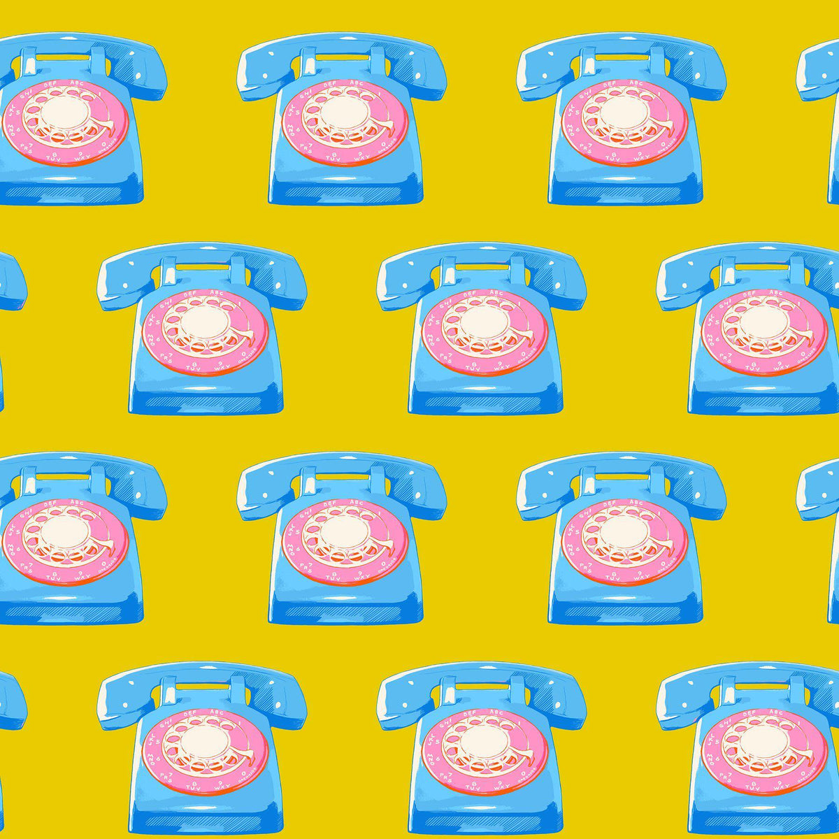 Image of Sparkle Mart Telephones Golden Hour quilting cotton fabric by Melody Miller of Ruby Star Society for Moda Fabrics. Features retro phones on a yellow background. Cute Little Fabric Shop.