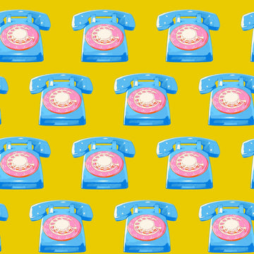 Image of Sparkle Mart Telephones Golden Hour quilting cotton fabric by Melody Miller of Ruby Star Society for Moda Fabrics. Features retro phones on a yellow background. Cute Little Fabric Shop.