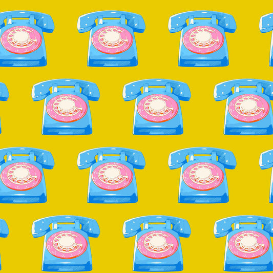 Image of Sparkle Mart Telephones Golden Hour quilting cotton fabric by Melody Miller of Ruby Star Society for Moda Fabrics. Features retro phones on a yellow background. Cute Little Fabric Shop.