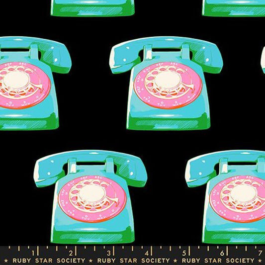 Image of Sparkle Mart Telephones Black quilting cotton fabric by Melody Miller of Ruby Star Society for Moda Fabrics. Features retro phones on a black background. Cute Little Fabric Shop.