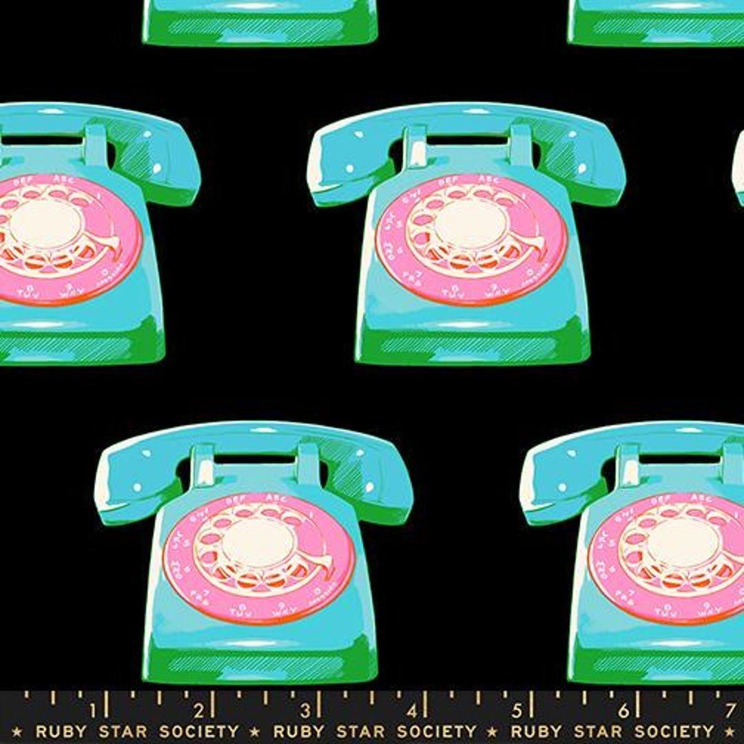 Image of Sparkle Mart Telephones Black quilting cotton fabric by Melody Miller of Ruby Star Society for Moda Fabrics. Features retro phones on a black background. Cute Little Fabric Shop.