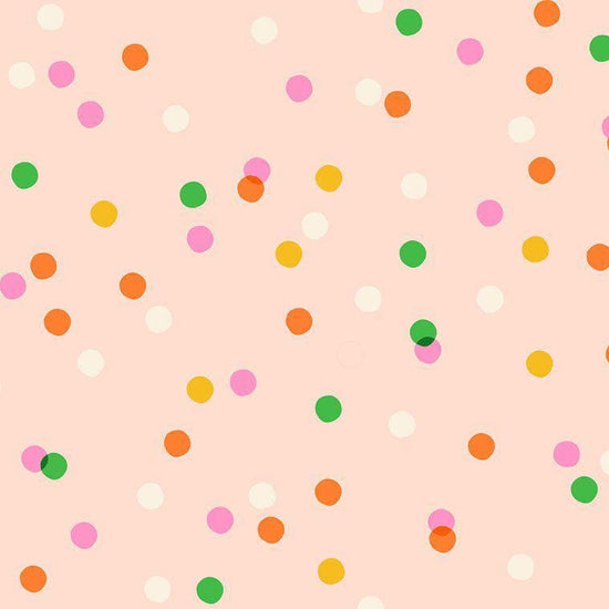 Image of Sparkle Mart Spritz Peach Blossom quilting cotton fabric by Melody Miller of Ruby Star Society for Moda Fabrics. Features polka dots on a pale pink background. Cute Little Fabric Shop.