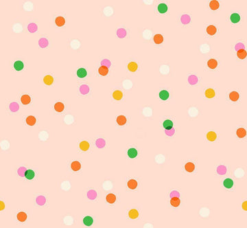 Image of Sparkle Mart Spritz Peach Blossom quilting cotton fabric by Melody Miller of Ruby Star Society for Moda Fabrics. Features polka dots on a pale pink background. Cute Little Fabric Shop.