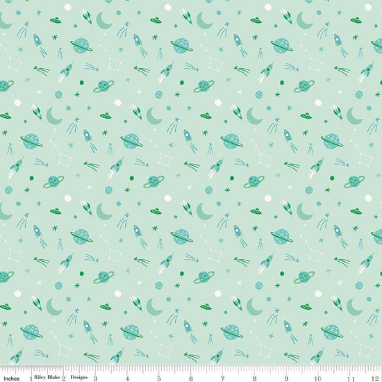 Image of Brave Your Way To the Moon Mint quilting cotton fabric by Cayla Naylor for Riley Blake Designs. Features space on a green background. Cute Little Fabric Shop.