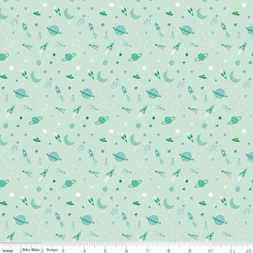Image of Brave Your Way To the Moon Mint quilting cotton fabric by Cayla Naylor for Riley Blake Designs. Features space on a green background. Cute Little Fabric Shop.