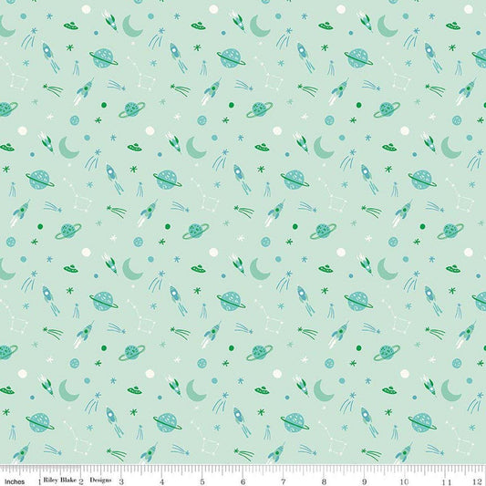Image of Brave Your Way To the Moon Mint quilting cotton fabric by Cayla Naylor for Riley Blake Designs. Features space on a green background. Cute Little Fabric Shop.