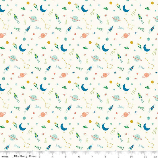 Image of Brave Your Way To the Moon Cloud quilting cotton fabric by Cayla Naylor for Riley Blake Designs. Features space on a white background. Cute Little Fabric Shop.