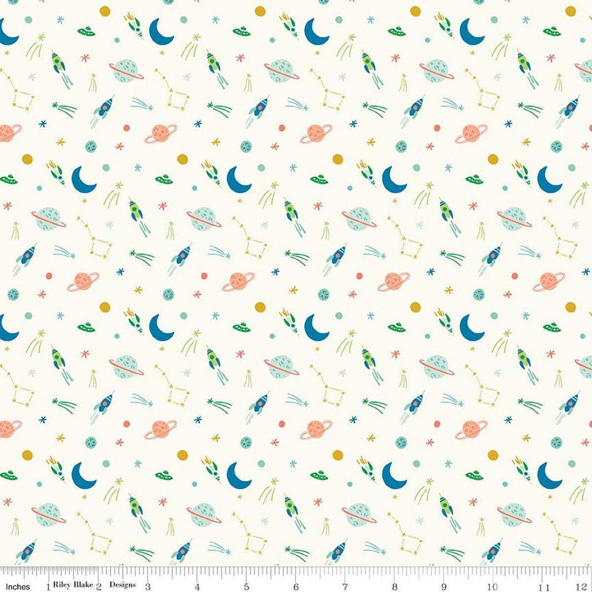Image of Brave Your Way To the Moon Cloud quilting cotton fabric by Cayla Naylor for Riley Blake Designs. Features space on a white background. Cute Little Fabric Shop.