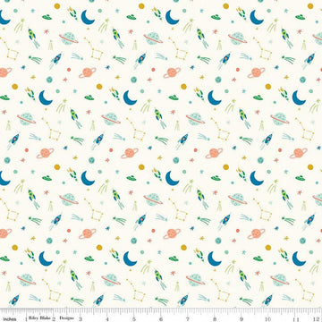 Image of Brave Your Way To the Moon Cloud quilting cotton fabric by Cayla Naylor for Riley Blake Designs. Features space on a white background. Cute Little Fabric Shop.