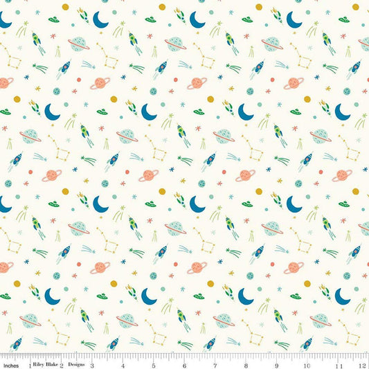 Image of Brave Your Way To the Moon Cloud quilting cotton fabric by Cayla Naylor for Riley Blake Designs. Features space on a white background. Cute Little Fabric Shop.