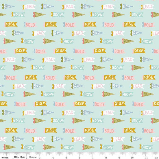 Image of Brave Your Way Brave Banners Songbird quilting cotton fabric by Cayla Naylor for Riley Blake Designs. Features banners on a blue background. Cute Little Fabric Shop.