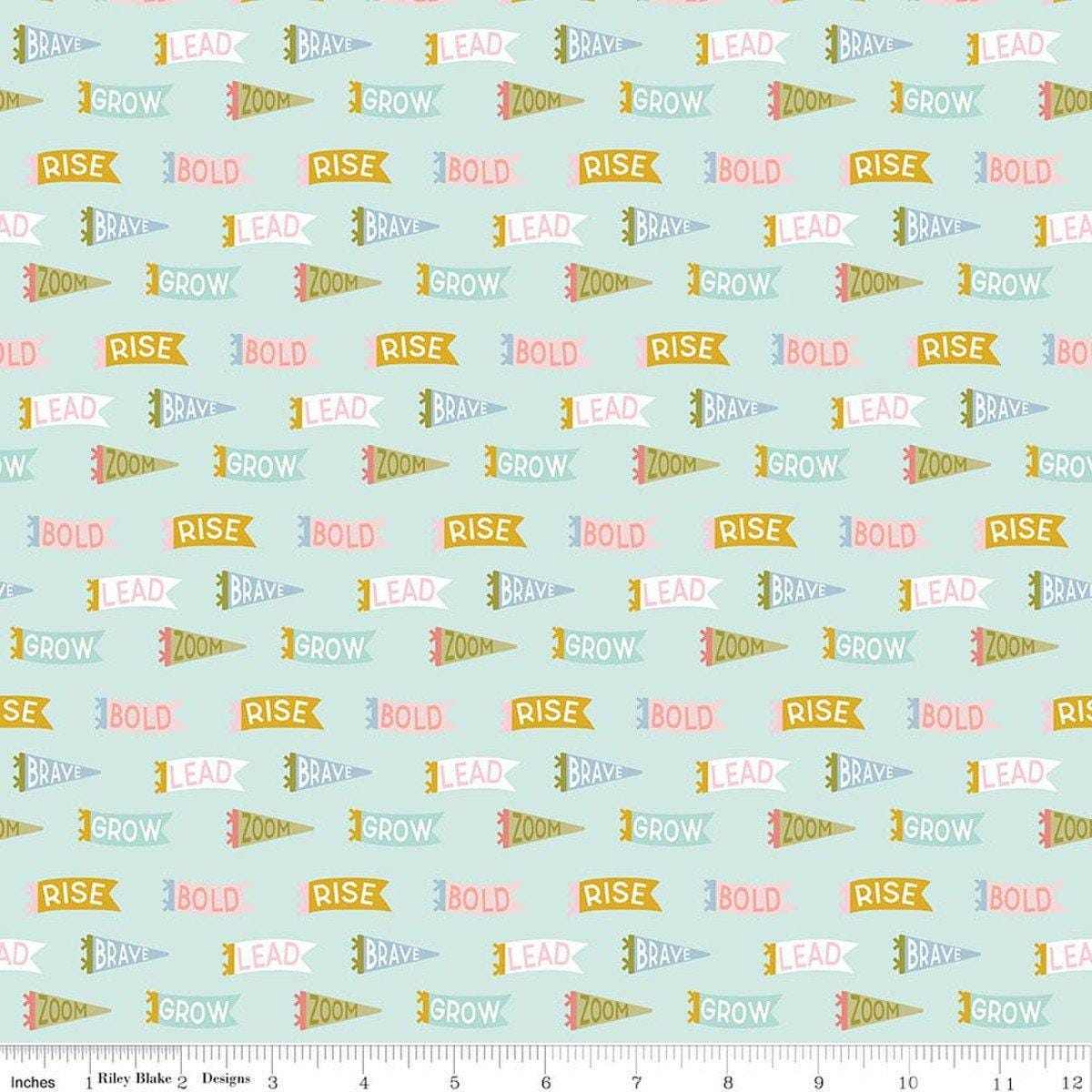 Image of Brave Your Way Brave Banners Songbird quilting cotton fabric by Cayla Naylor for Riley Blake Designs. Features banners on a blue background. Cute Little Fabric Shop.