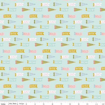 Image of Brave Your Way Brave Banners Songbird quilting cotton fabric by Cayla Naylor for Riley Blake Designs. Features banners on a blue background. Cute Little Fabric Shop.