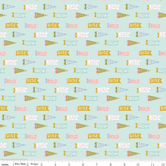 Image of Brave Your Way Brave Banners Songbird quilting cotton fabric by Cayla Naylor for Riley Blake Designs. Features banners on a blue background. Cute Little Fabric Shop.