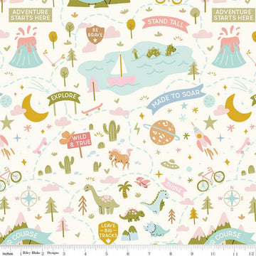 Image of Brave Your Way Adventure Awaits Petal quilting cotton fabric by Cayla Naylor for Riley Blake Designs. Features a theme park on a white background. Cute Little Fabric Shop.