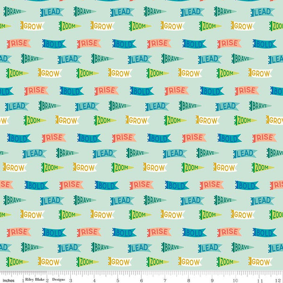 Image of Brave Your Way Brave Banners Mint quilting cotton fabric by Cayla Naylor for Riley Blake Designs. Features banners on a green background. Cute Little Fabric Shop.