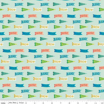 Image of Brave Your Way Brave Banners Mint quilting cotton fabric by Cayla Naylor for Riley Blake Designs. Features banners on a green background. Cute Little Fabric Shop.