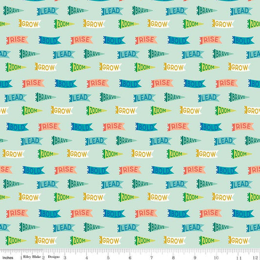 Image of Brave Your Way Brave Banners Mint quilting cotton fabric by Cayla Naylor for Riley Blake Designs. Features banners on a green background. Cute Little Fabric Shop.