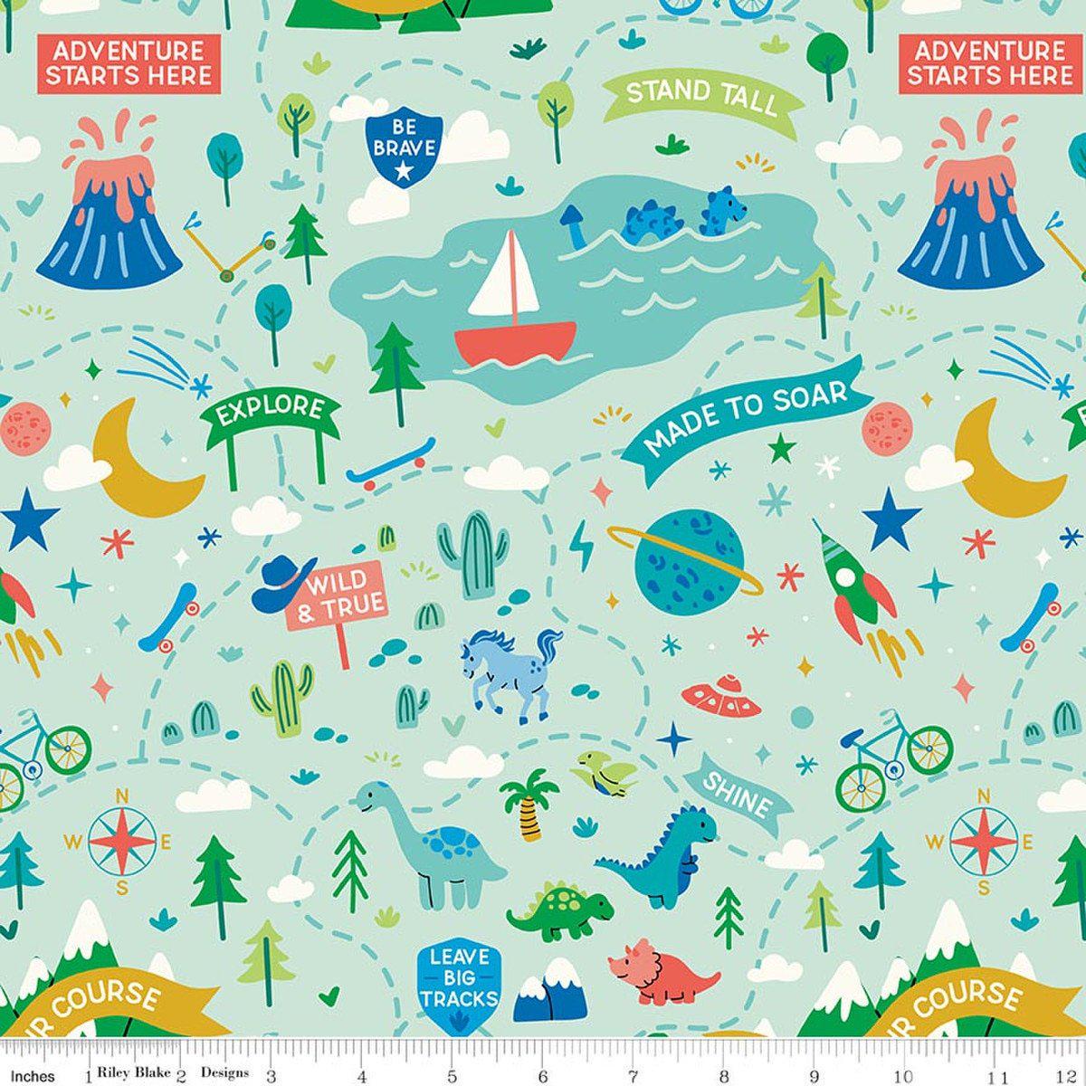 Image of Brave Your Way Adventure Awaits Mint quilting cotton fabric by Cayla Naylor for Riley Blake Designs. Features a theme park on a green background. Cute Little Fabric Shop.