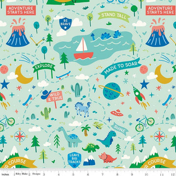 Image of Brave Your Way Adventure Awaits Mint quilting cotton fabric by Cayla Naylor for Riley Blake Designs. Features a theme park on a green background. Cute Little Fabric Shop.